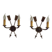 French Vintage Bronze Empire Arrow & Quiver Criss Cross Double Wall Sconces
