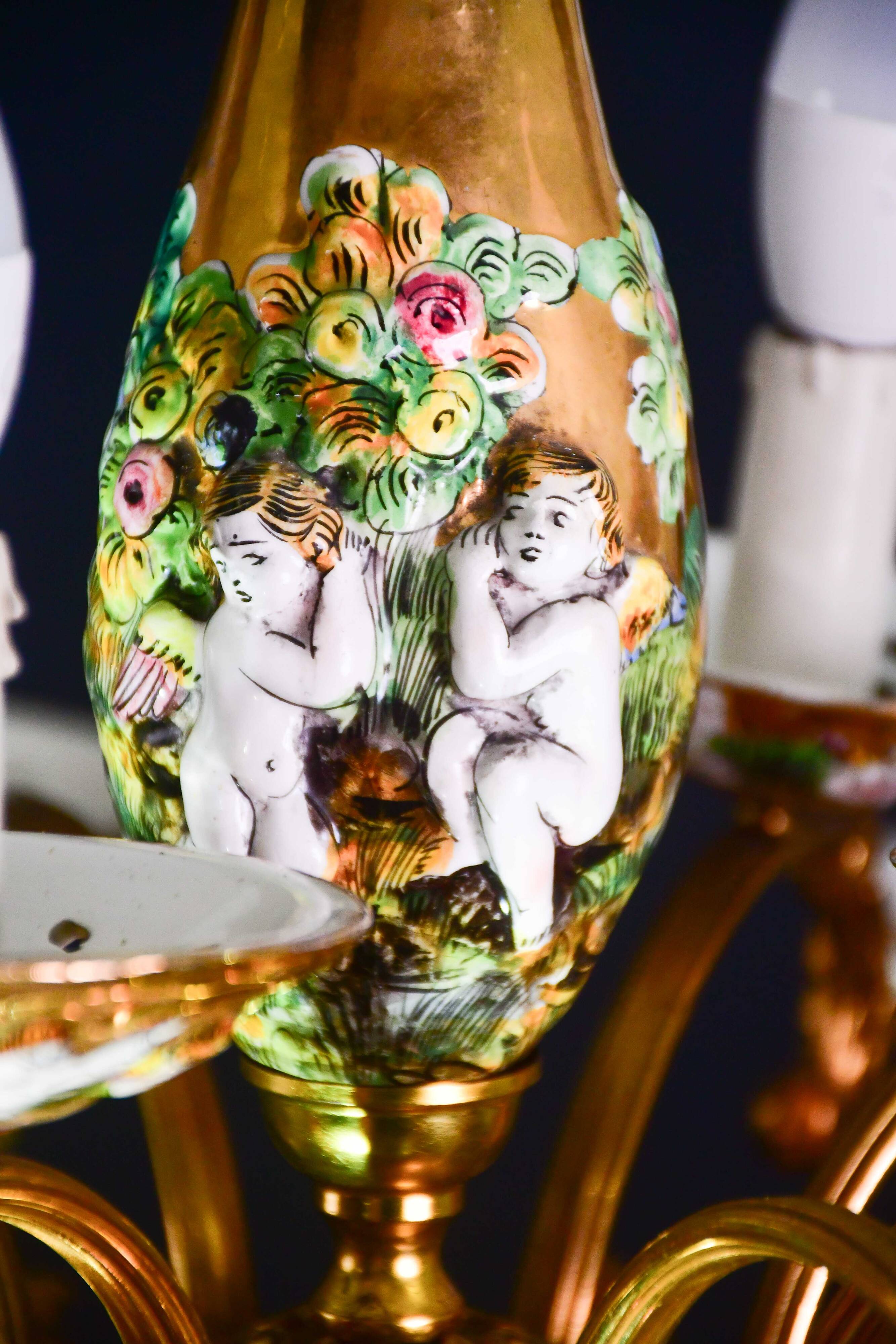 Manila, large size 12 light Italian vintage ceramic chandelier, 1960