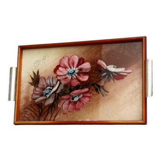 Painted and signed tray, anemones motif