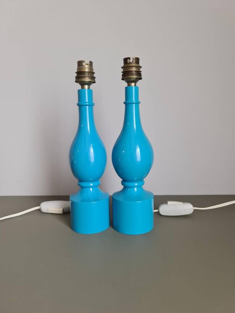 Pair of Philippe Capelle turquoise lacquered wooden table lamps MCM 1970s