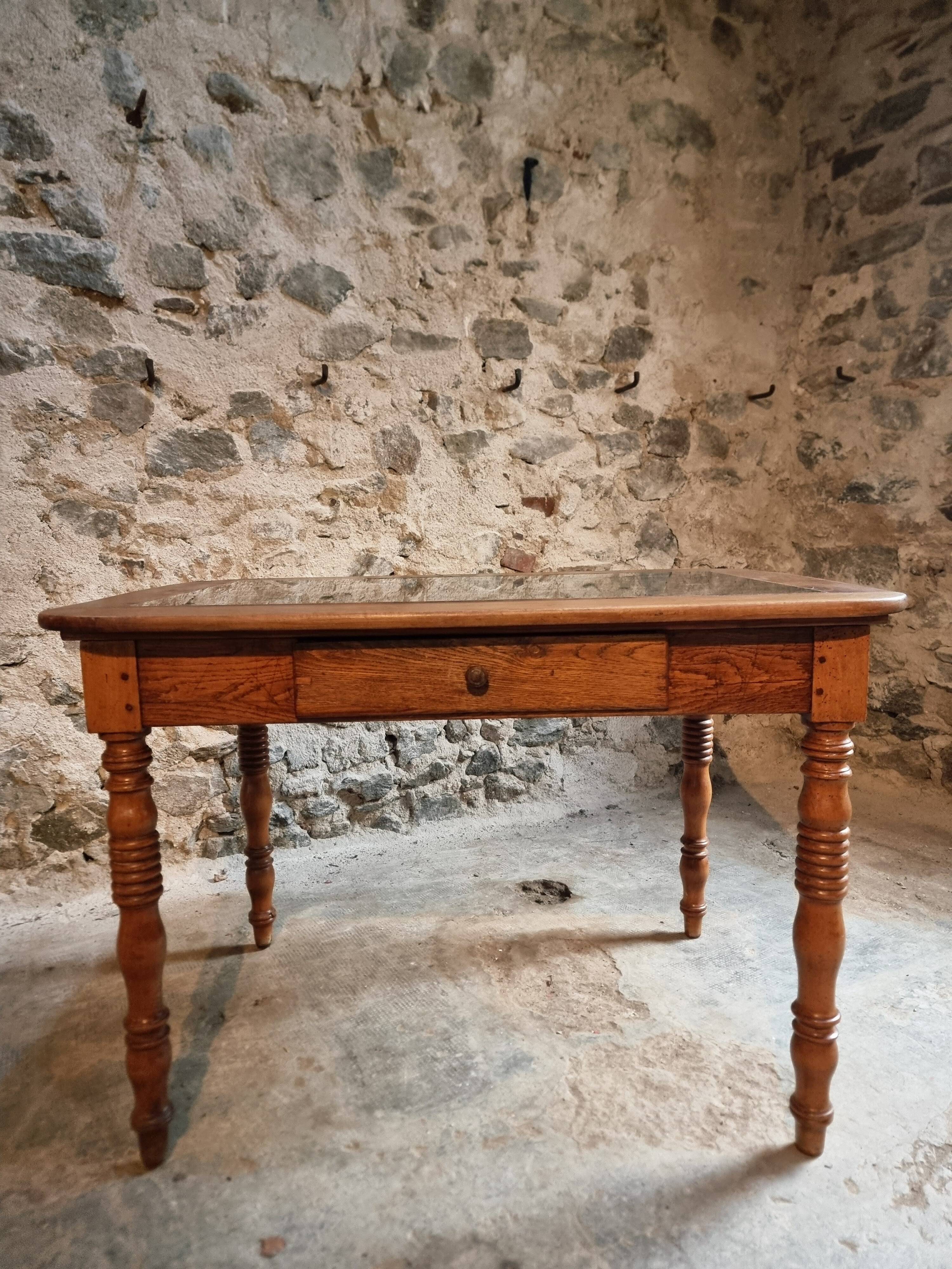 French vintage dining/desk table – oak and walnut – marble top – 1960s writing table with drawer