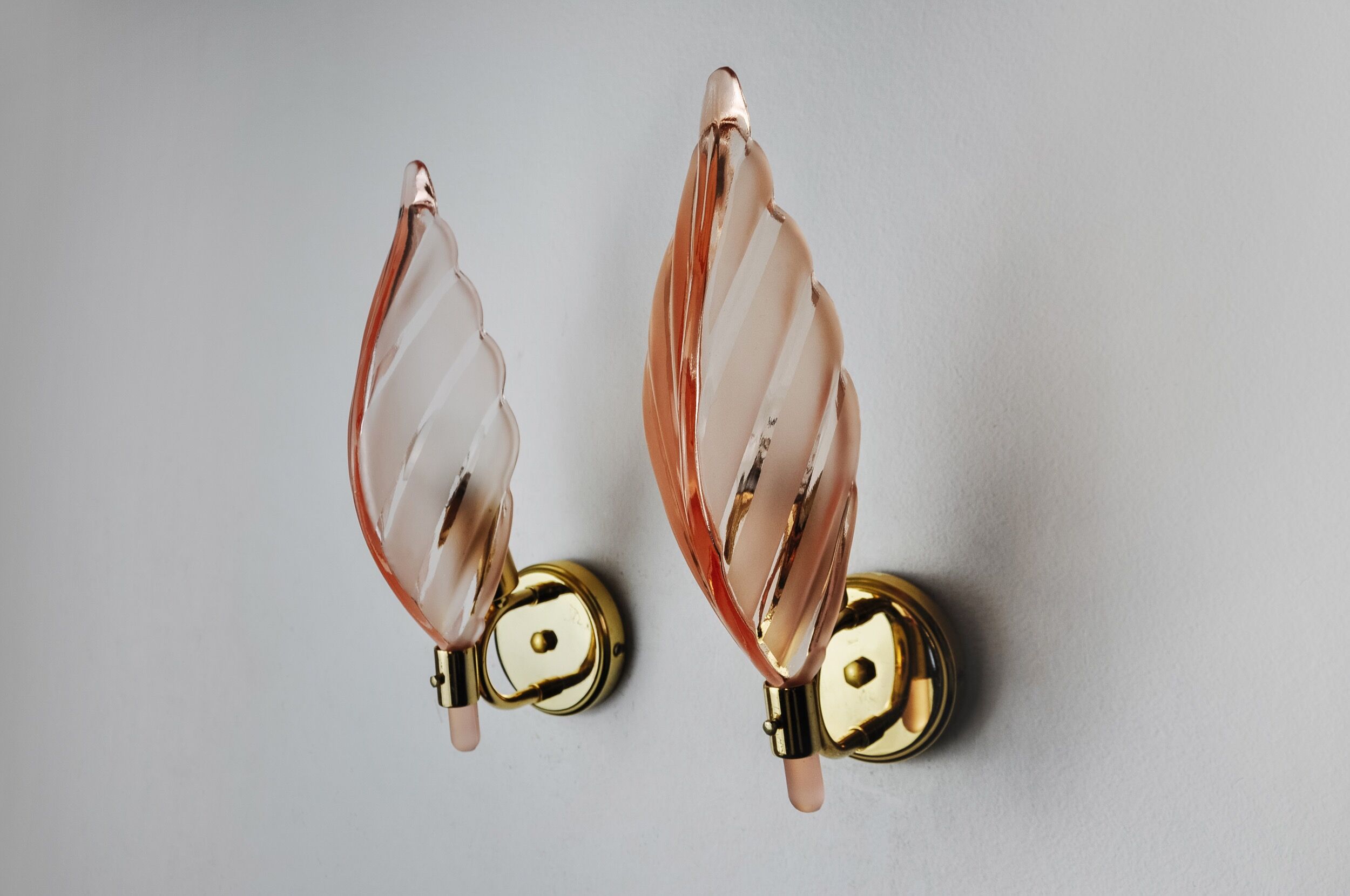 Pair of pink leaf sconces, mazzega murano, italy 1970