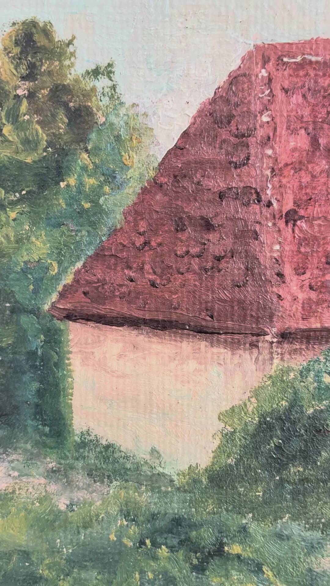 Vintage original landscape oil painting, signed farmhouse art