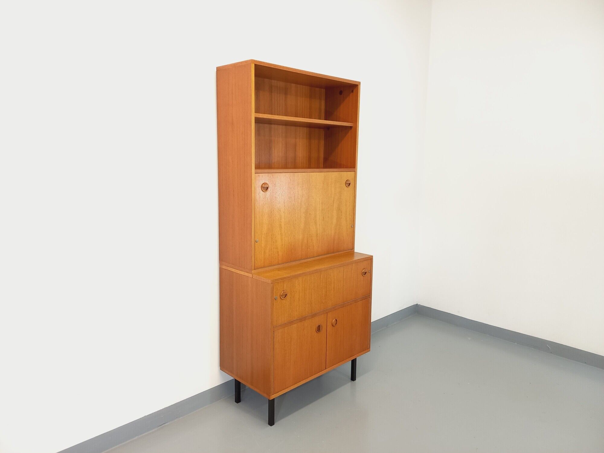 Bookcase cabinet vintage teak and metal storage secretary from the 60s