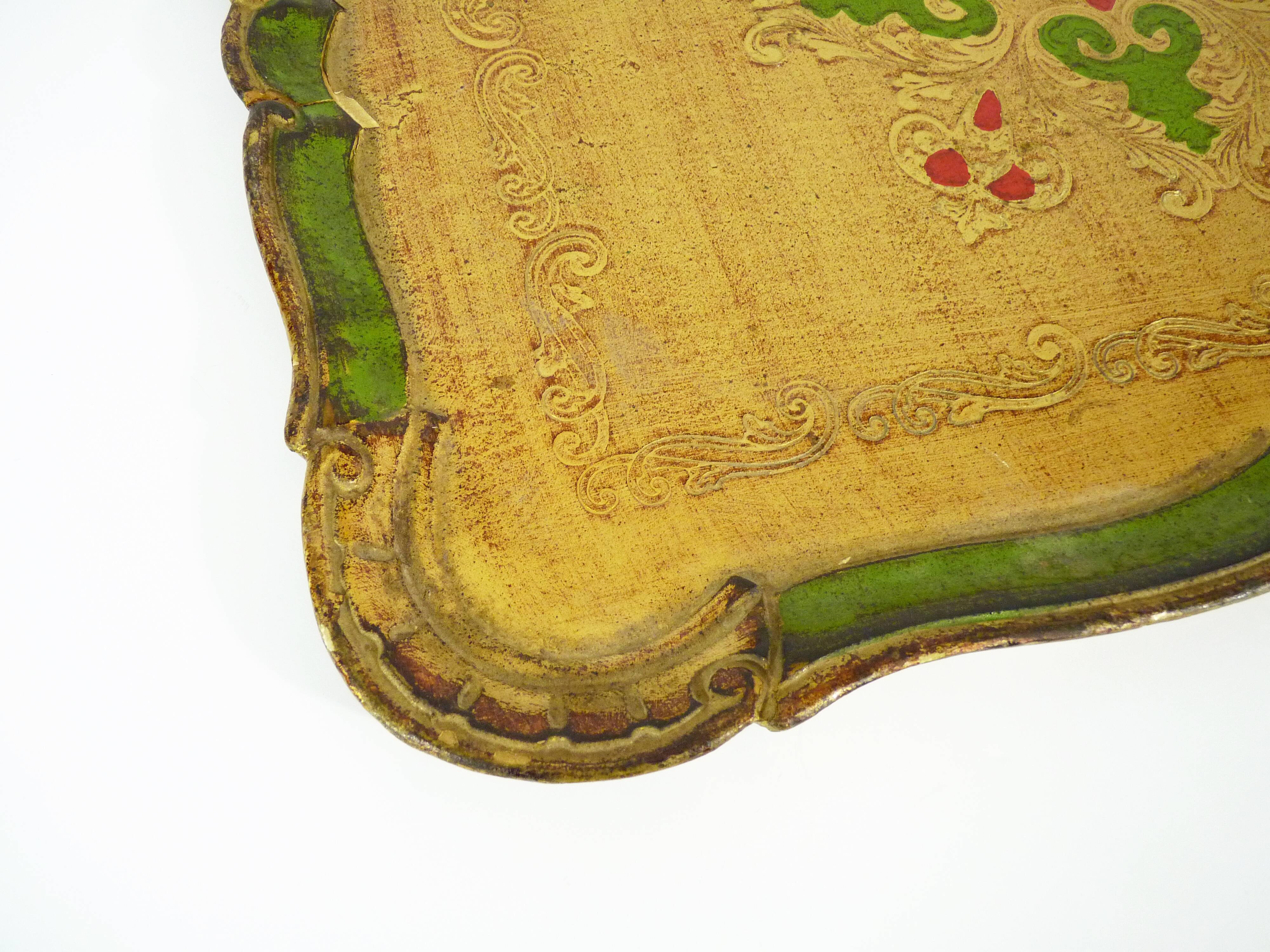 Hand-painted green and gold Florentine tray. Vintage 1950