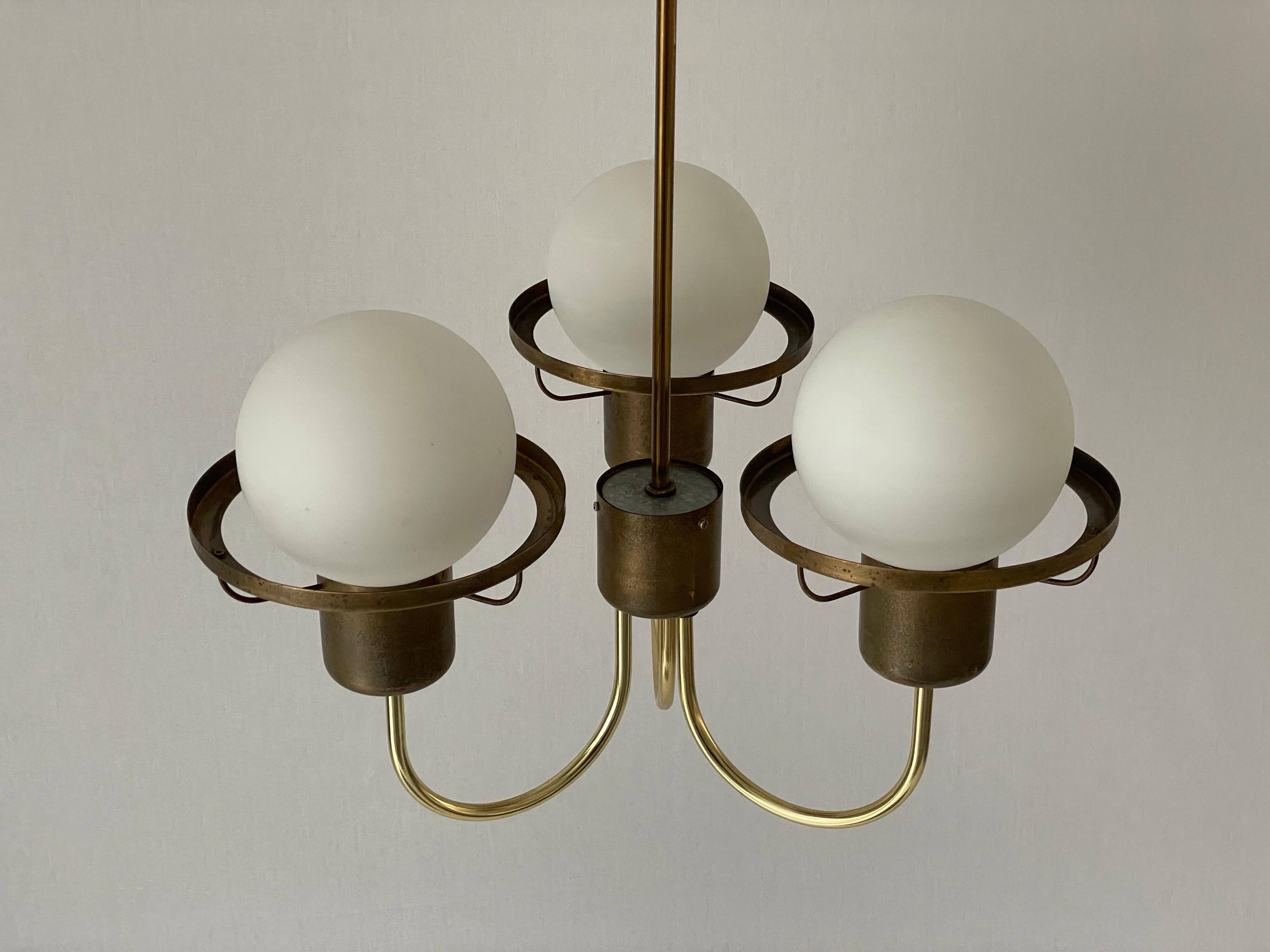 Suspended lamp with 3 glass balls and brass frame, Germany, 1960s