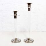 Pair of lucite and silver-plated metal candlesticks