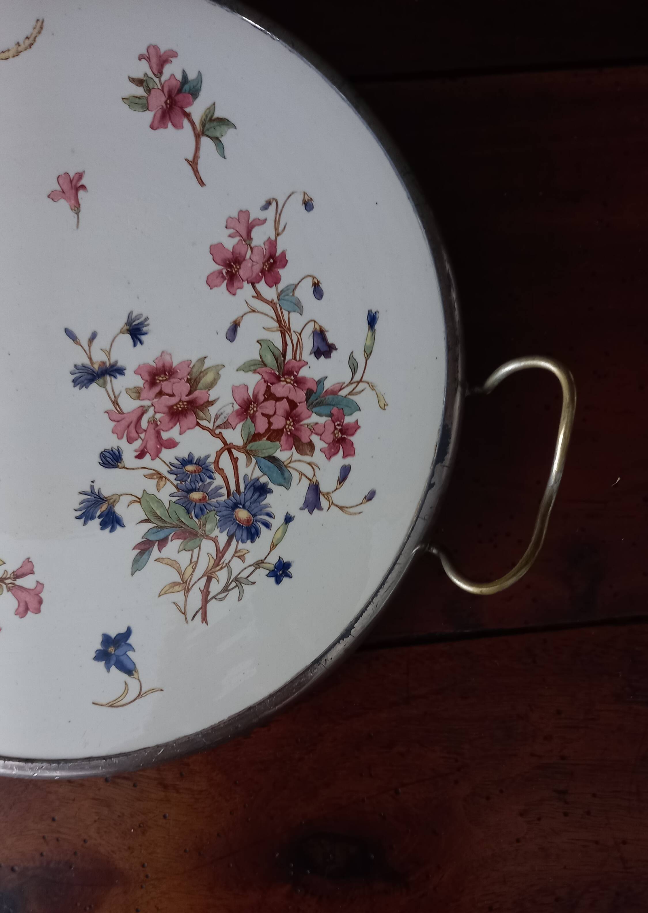 Sarreguemines Digoin “Righi” earthenware tray, metal rim and handles.