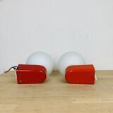 Pair of red Inda space age wall lights, opaline globe, 1970
