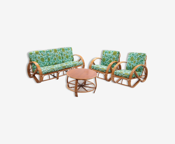 Vintage set of bamboo lounge armchairs and sofa with coffee table Paul Frankl, 1960s