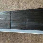 Pair of contemporary shelves in steel and stained wood