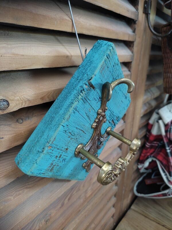 Coat holder patinated wood blue 1 hook bronze deco dp 092288