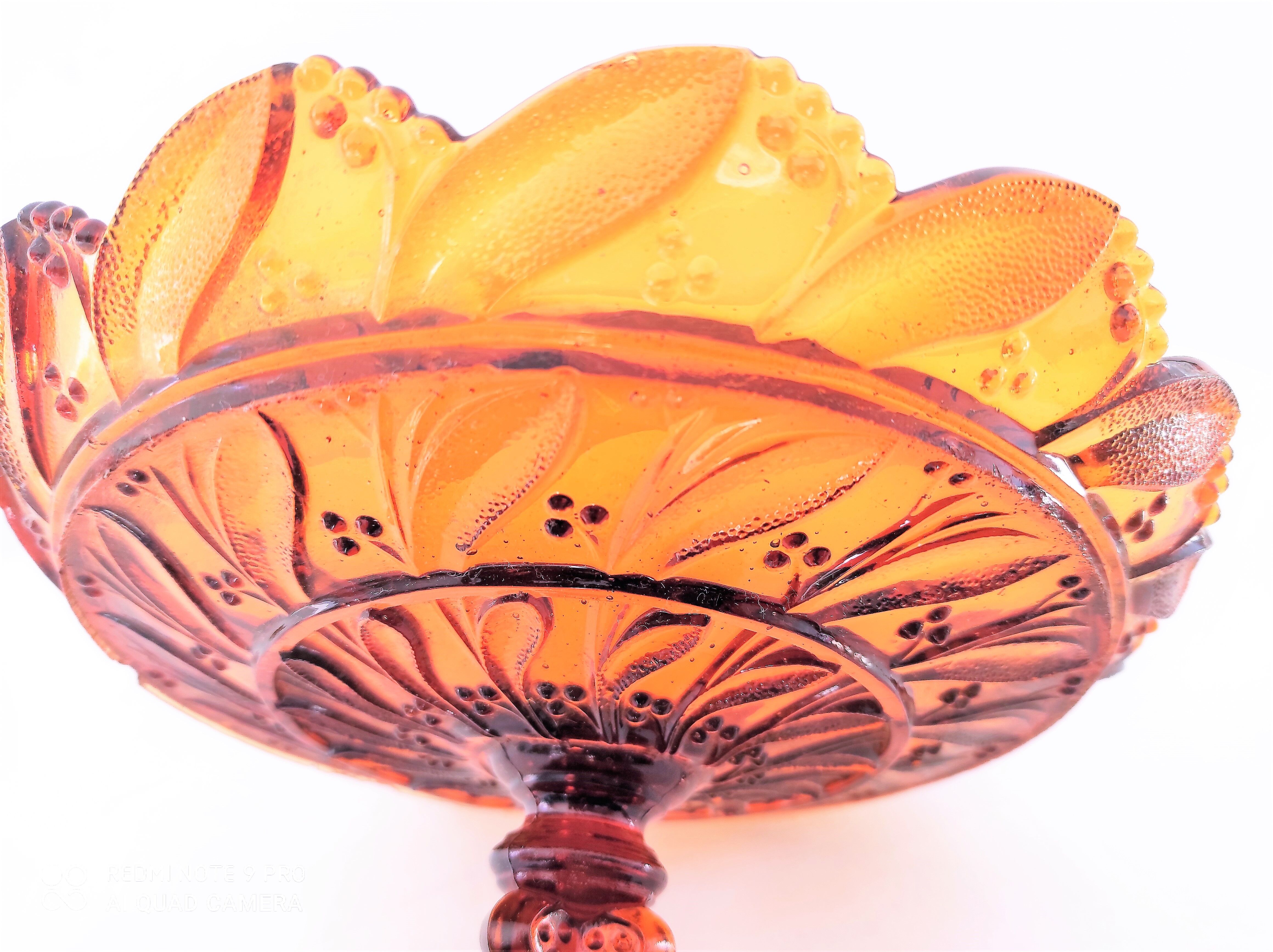Amber moulded glass compotier on tripod pedestal around 1900/1930