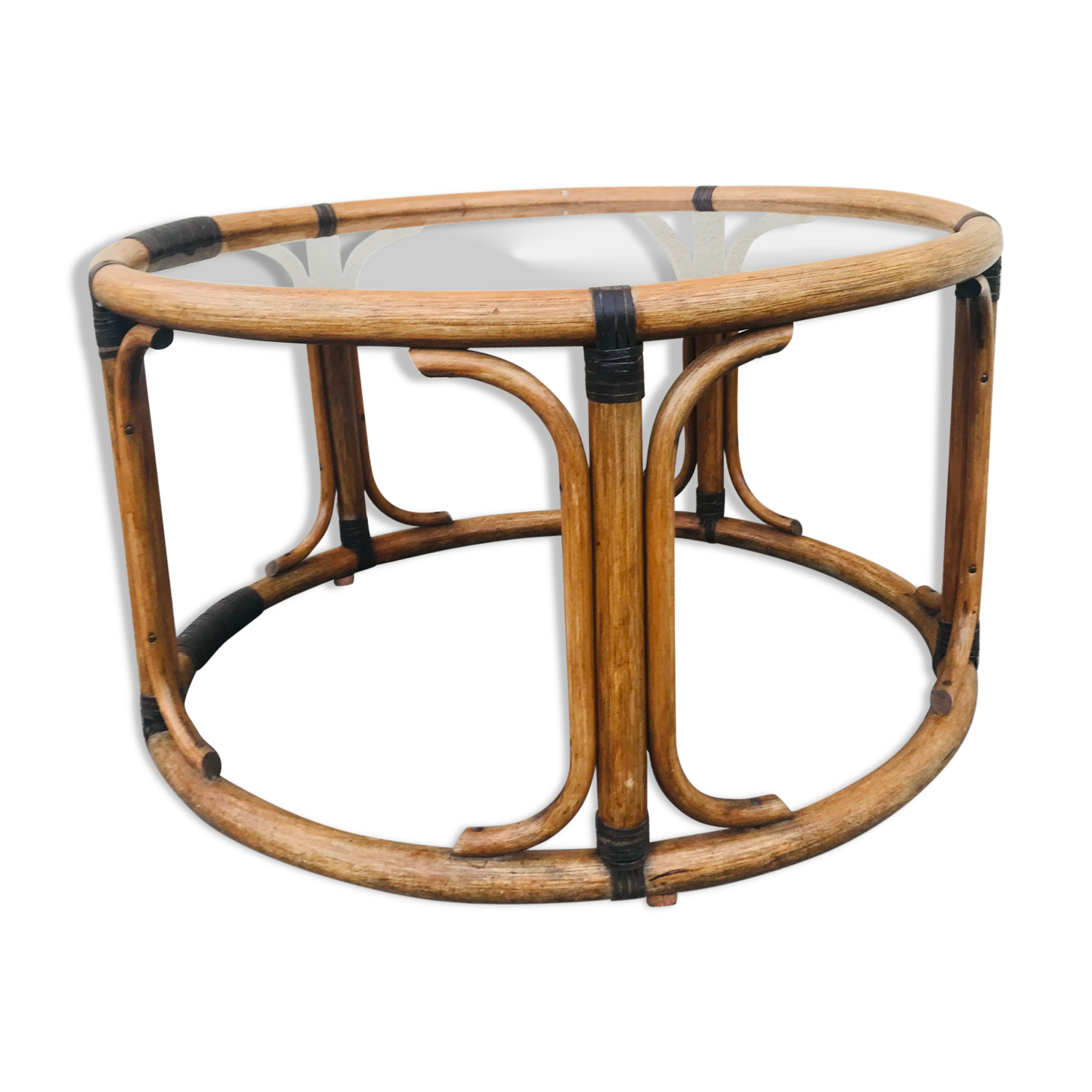 Bamboo round coffee table and vintage smoked glass 70