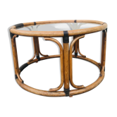 Table basse ronde en bambou et verre fumé vintage 70