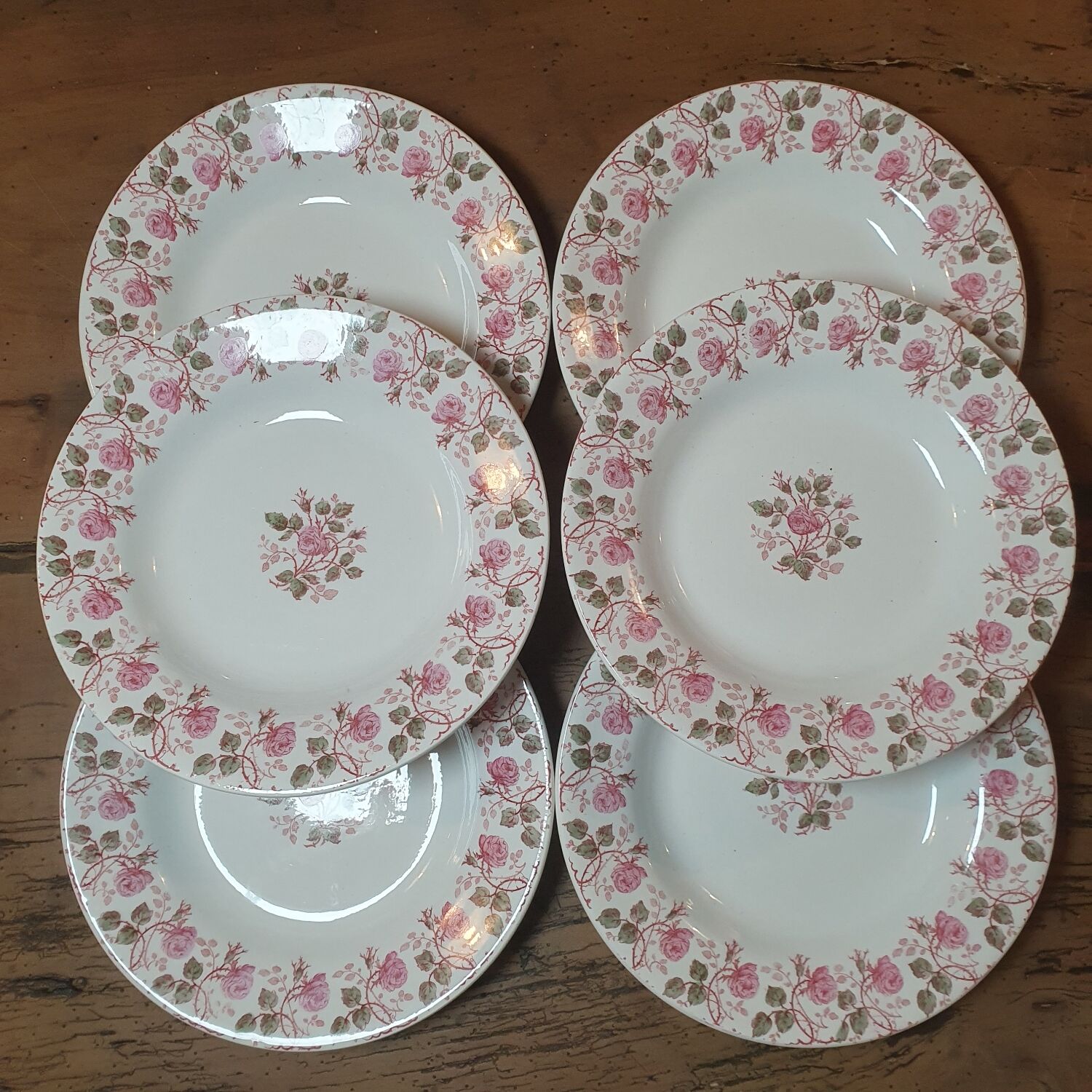 6 Gien Terre de Fer soup plates - Garland of Roses