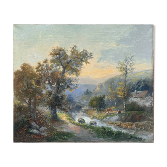 Old HST painting: "Animated pastoral landscape" signed Duperay filigreeantiqu