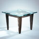 2 brutalist steel side tables with primitive  scene motifs etched glass