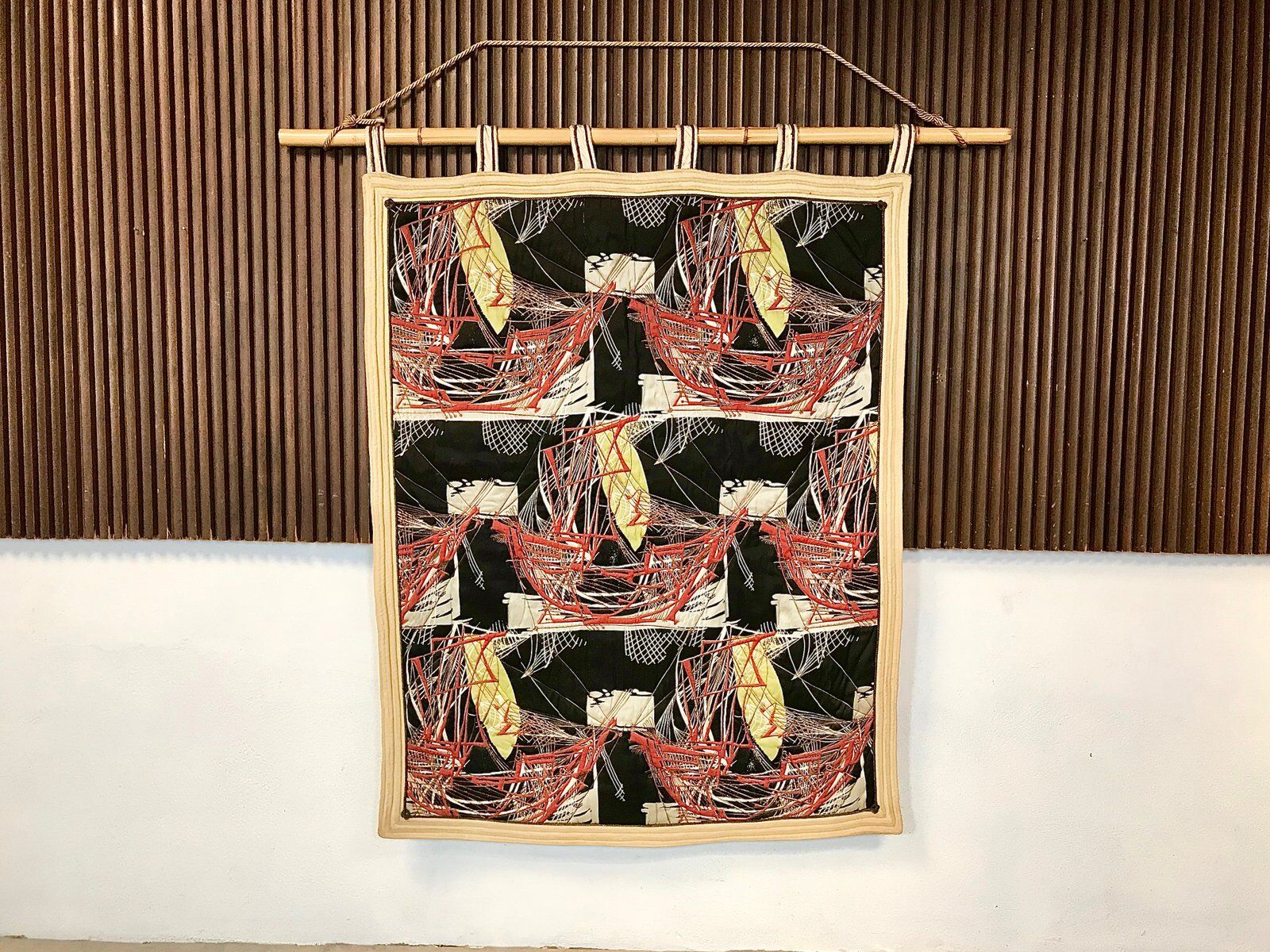 Tapestry wall hanging with sailing boats motif on bamboo rod, Italy 1940s