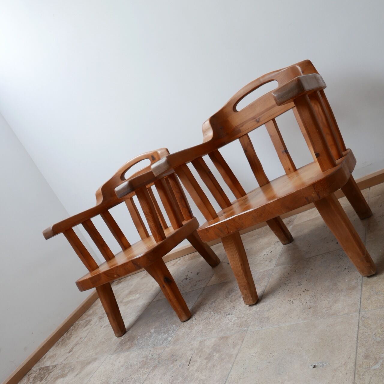 Pair of danish solid pine mid-century organic easy armchairs