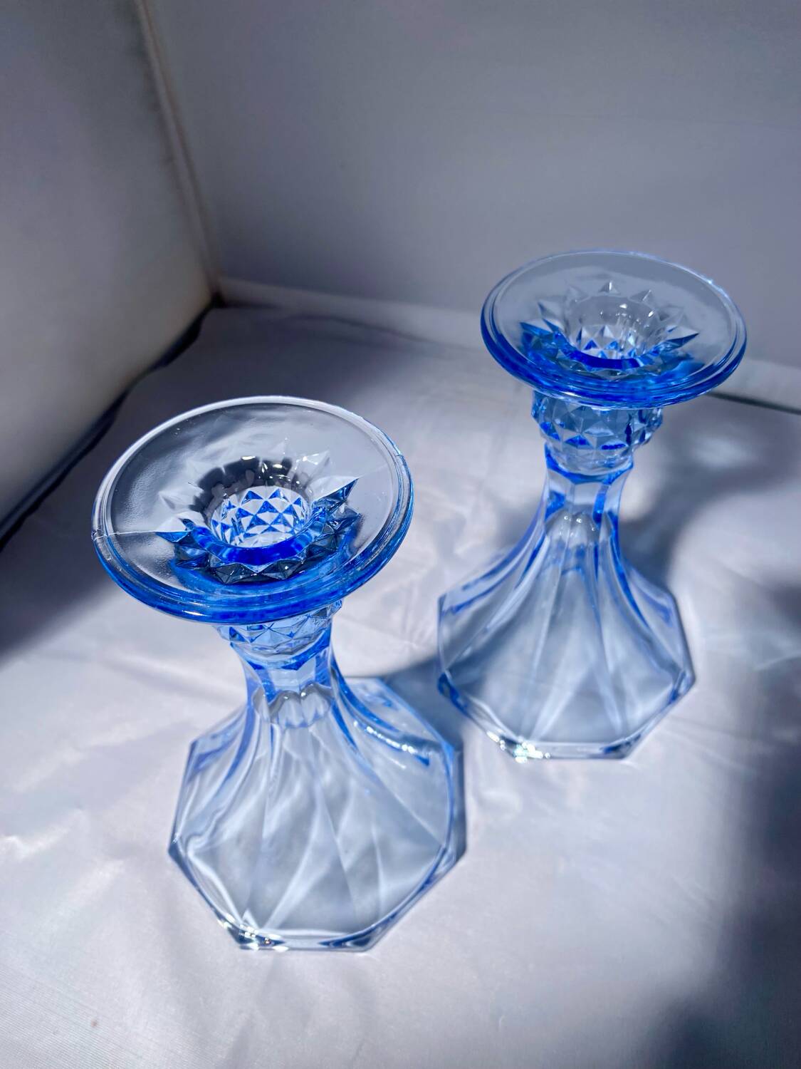 Pair of Jamestown blue Virginia candlesticks or vases by Fostori