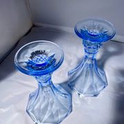 Pair of Jamestown blue Virginia candlesticks or vases by Fostori
