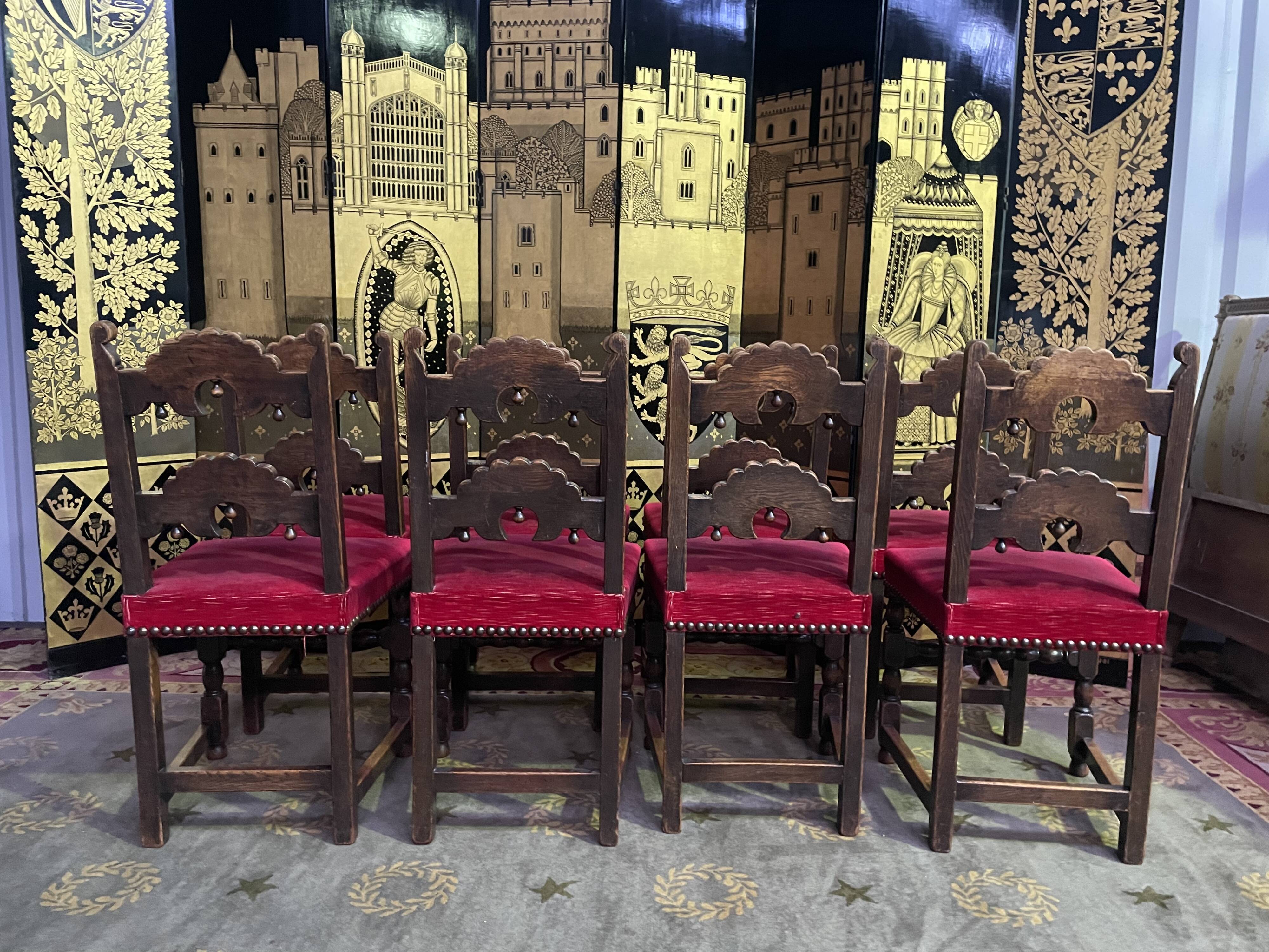 Suite of 8 Louis XIII style chairs oak and red velvet