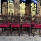 Suite of 8 Louis XIII style chairs oak and red velvet