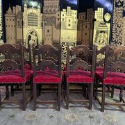 Suite of 8 Louis XIII style chairs oak and red velvet