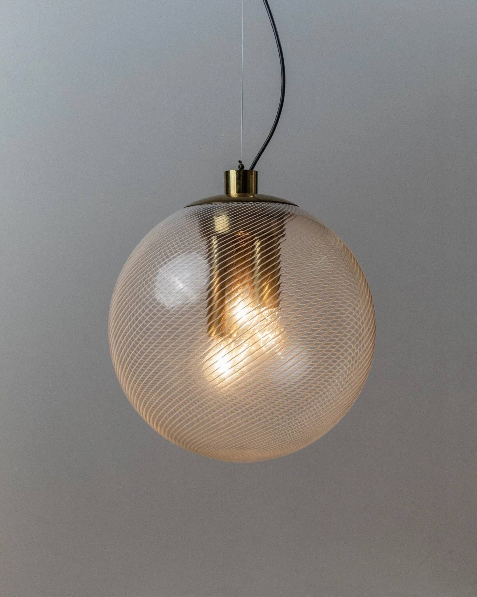 XXL Transparent Murano Glass Globe Lamp with Gold Metal Hardware, 3-Bulb Italian 1960s Vintage Pendant