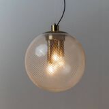 XXL Transparent Murano Glass Globe Lamp with Gold Metal Hardware, 3-Bulb Italian 1960s Vintage Pendant