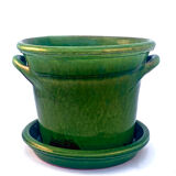 Cache pot en terre cuite émaillée verte vintage et sa soucoupe.