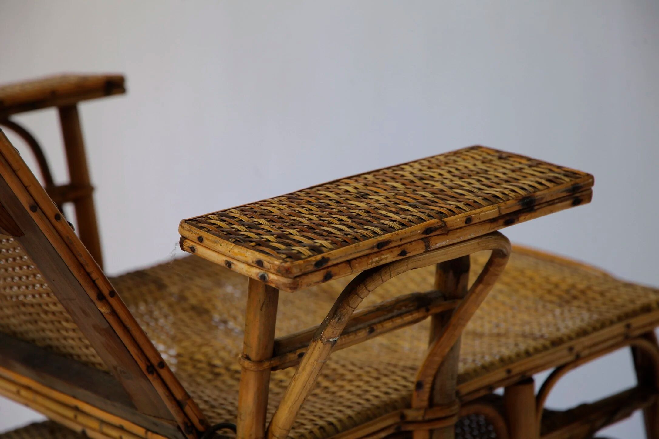 Vintage reclining armchair in rattan and bamboo, French Riviera, year