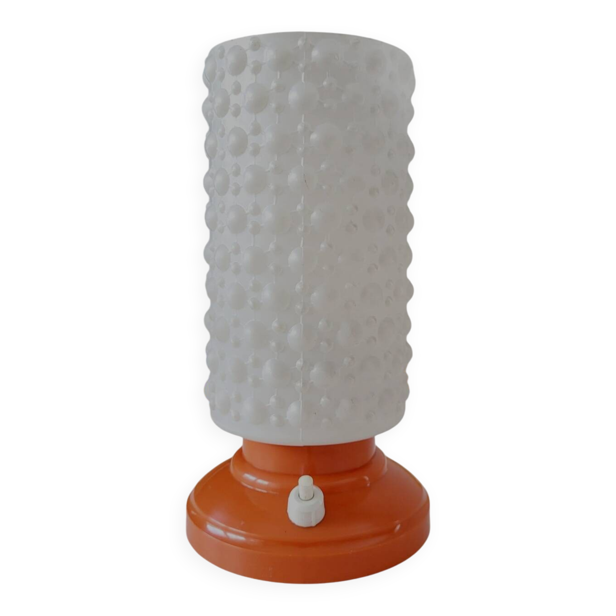 Vintage tafellamp met oranje kunststof voet en glazen kapje uit de jaren 60
