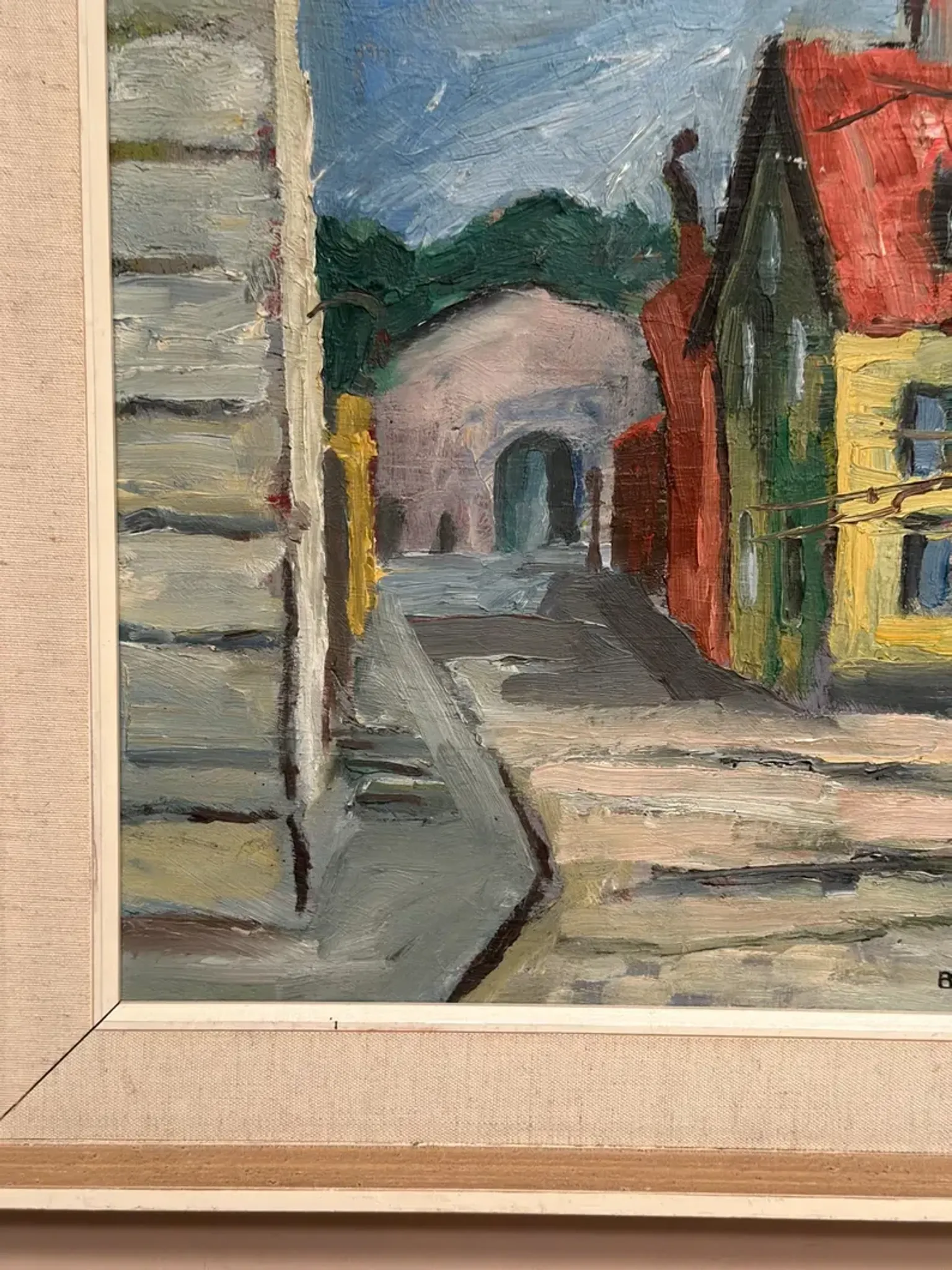 Original Swedish Oil on Panel – “Urban Landscape” by B. Gustavson – Signed – Dated 1947 – Vintage & Framed