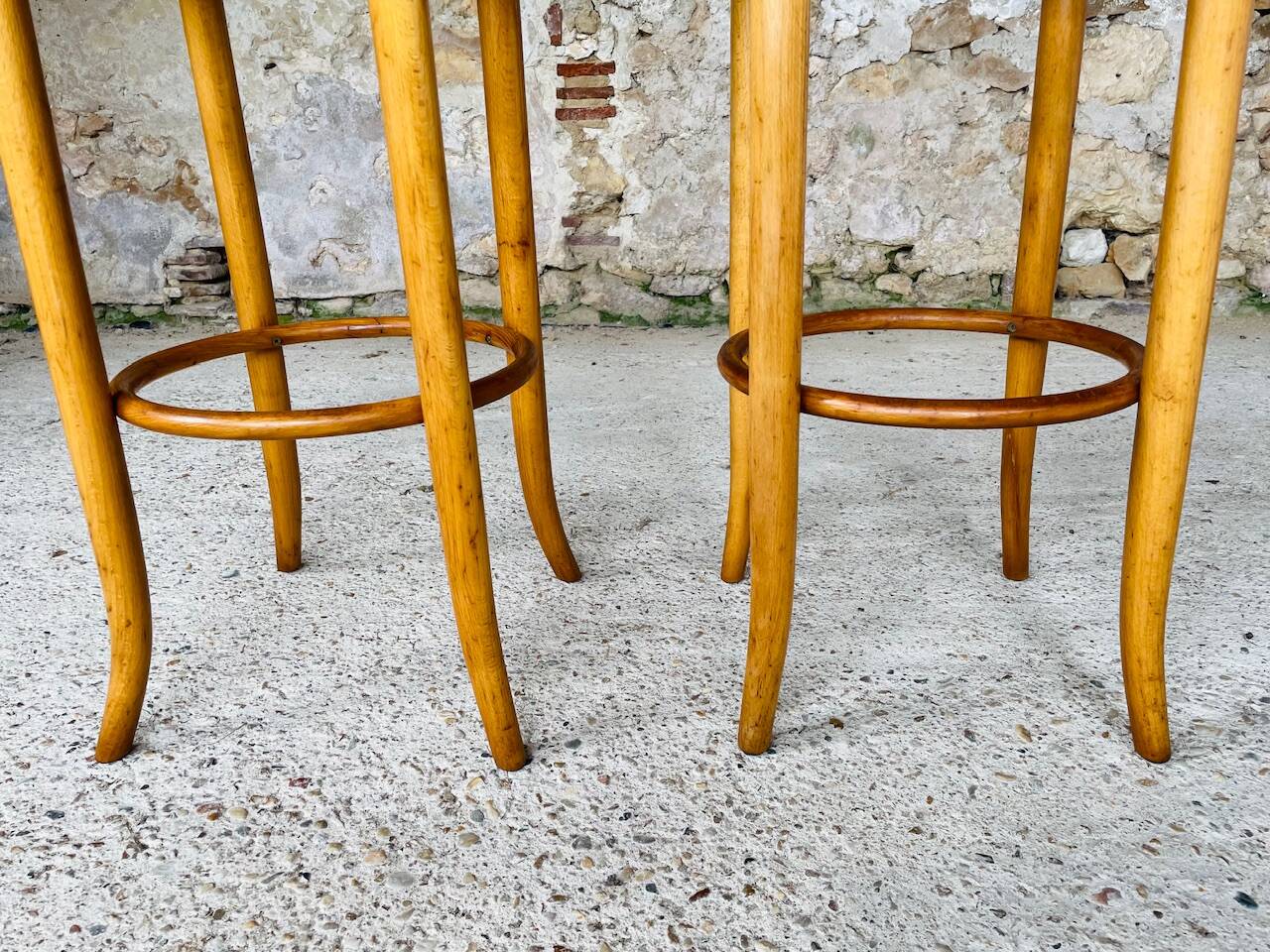 Pair of vintage bar stools, curved wood and cane