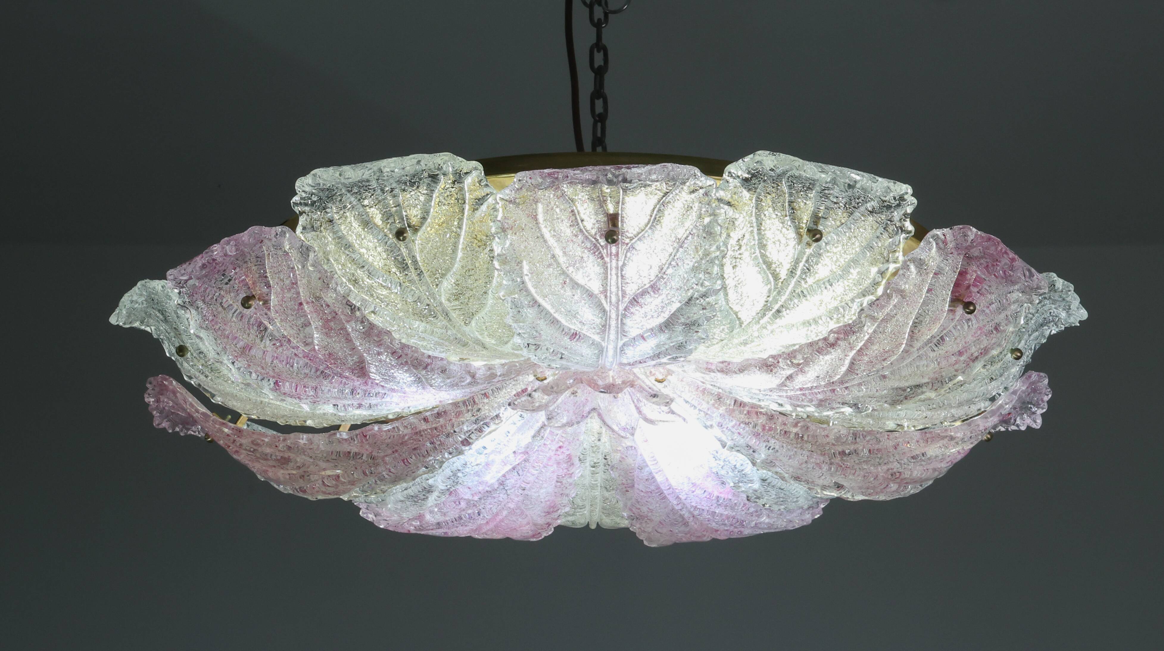 Large Size Pink and Transparent Murano Glass Leave Ceiling Light or Chandel