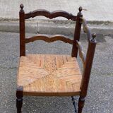 19th-century solid wood corner chair with rush seating