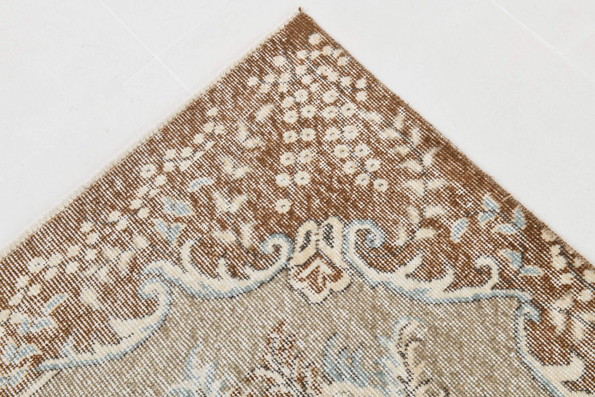 Handmade beige & brown floral  vintage rug