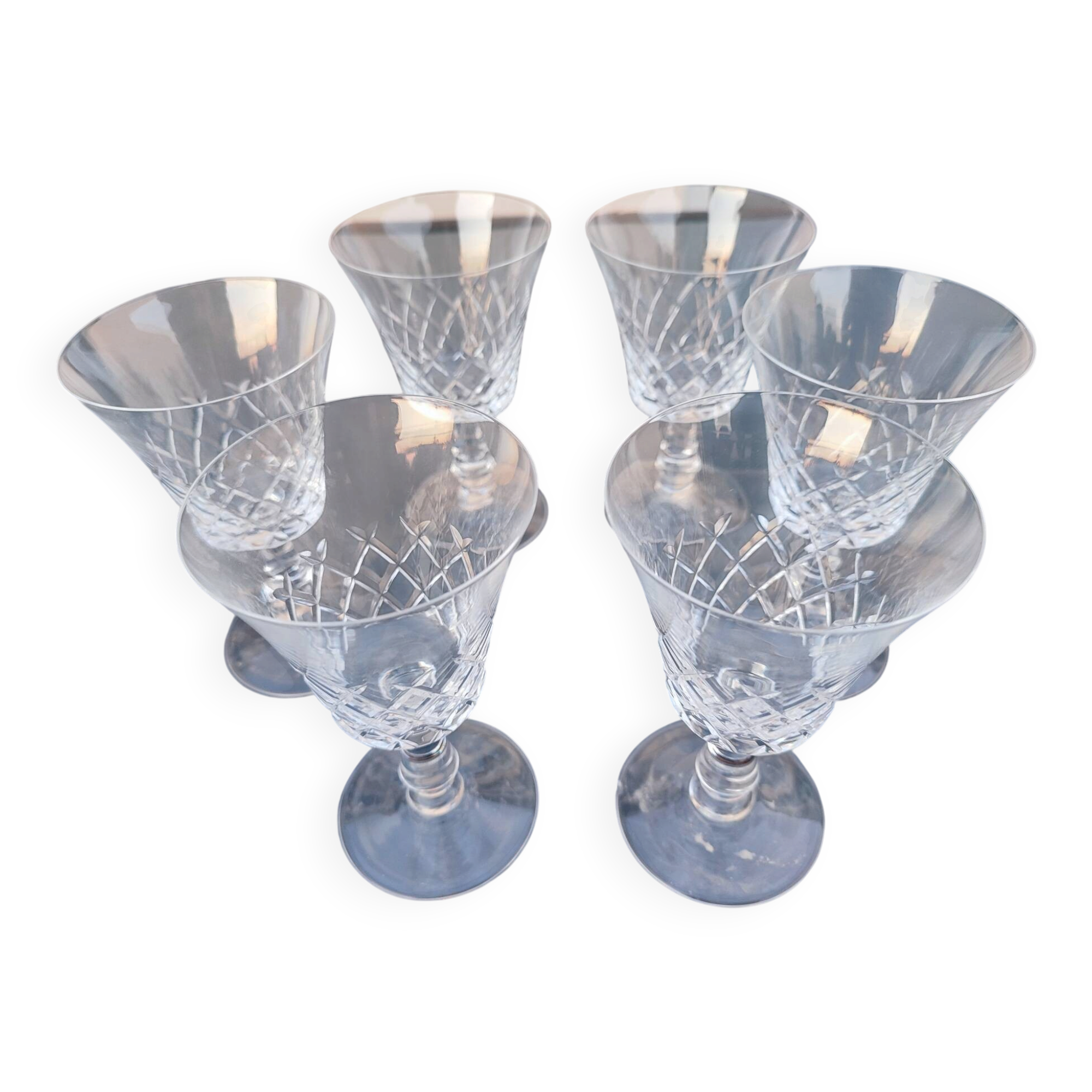 6 large cut crystal water glasses in the style of Cristalline de Lorraine.