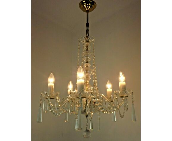 Vintage French Gold Metal Glass 5 Light Chandelier Adorned With Crystals Selency Vintage French Gold Metal Glass 5, Small Metal And Crystal Chandelier