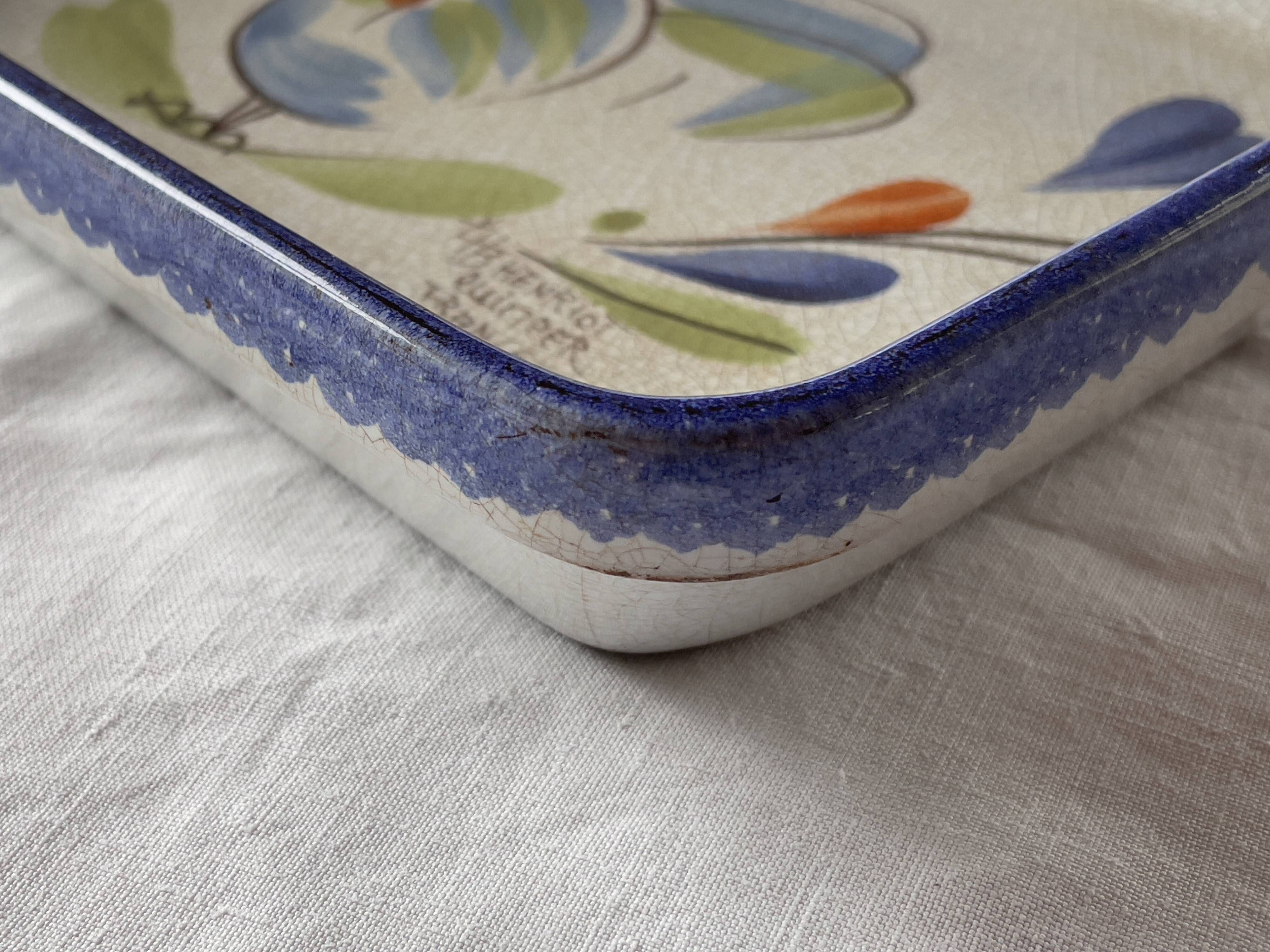 Antique and rare emile henry oven dish with hb henriot quimper decoration 1950
