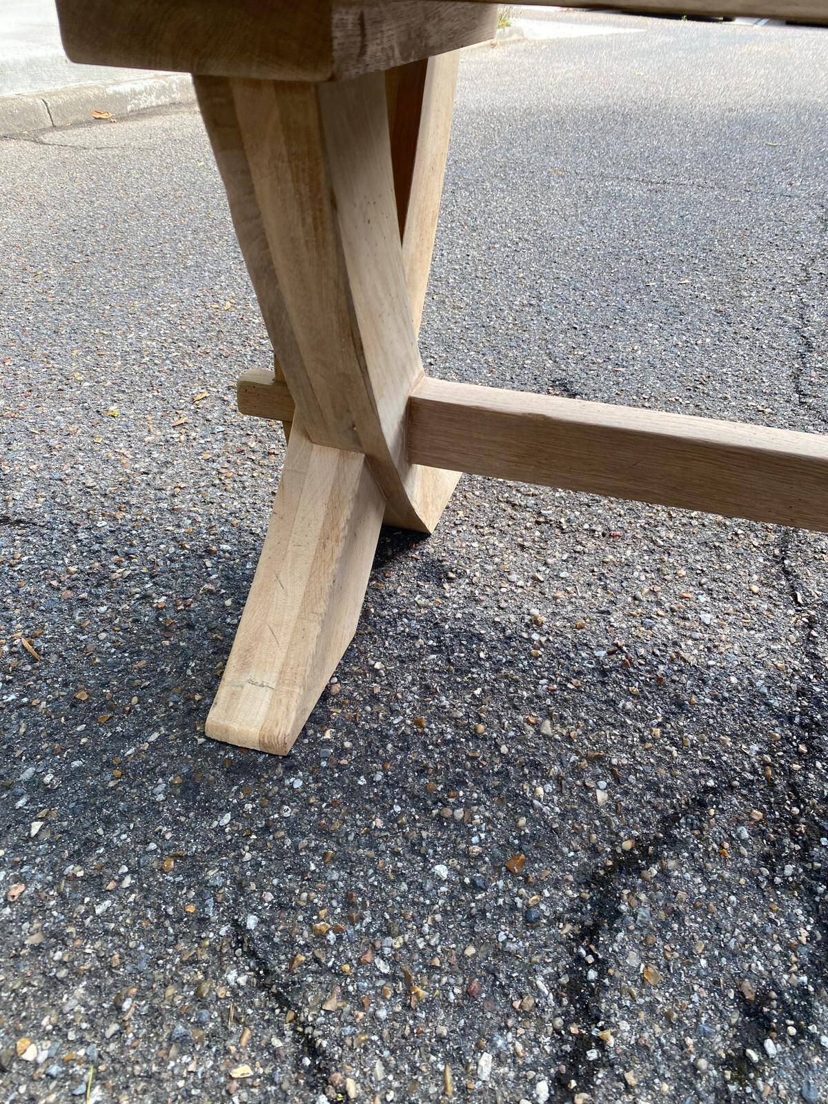 Monastery bench with a 220 cm backrest, renovated in raw solid oak with X legs.