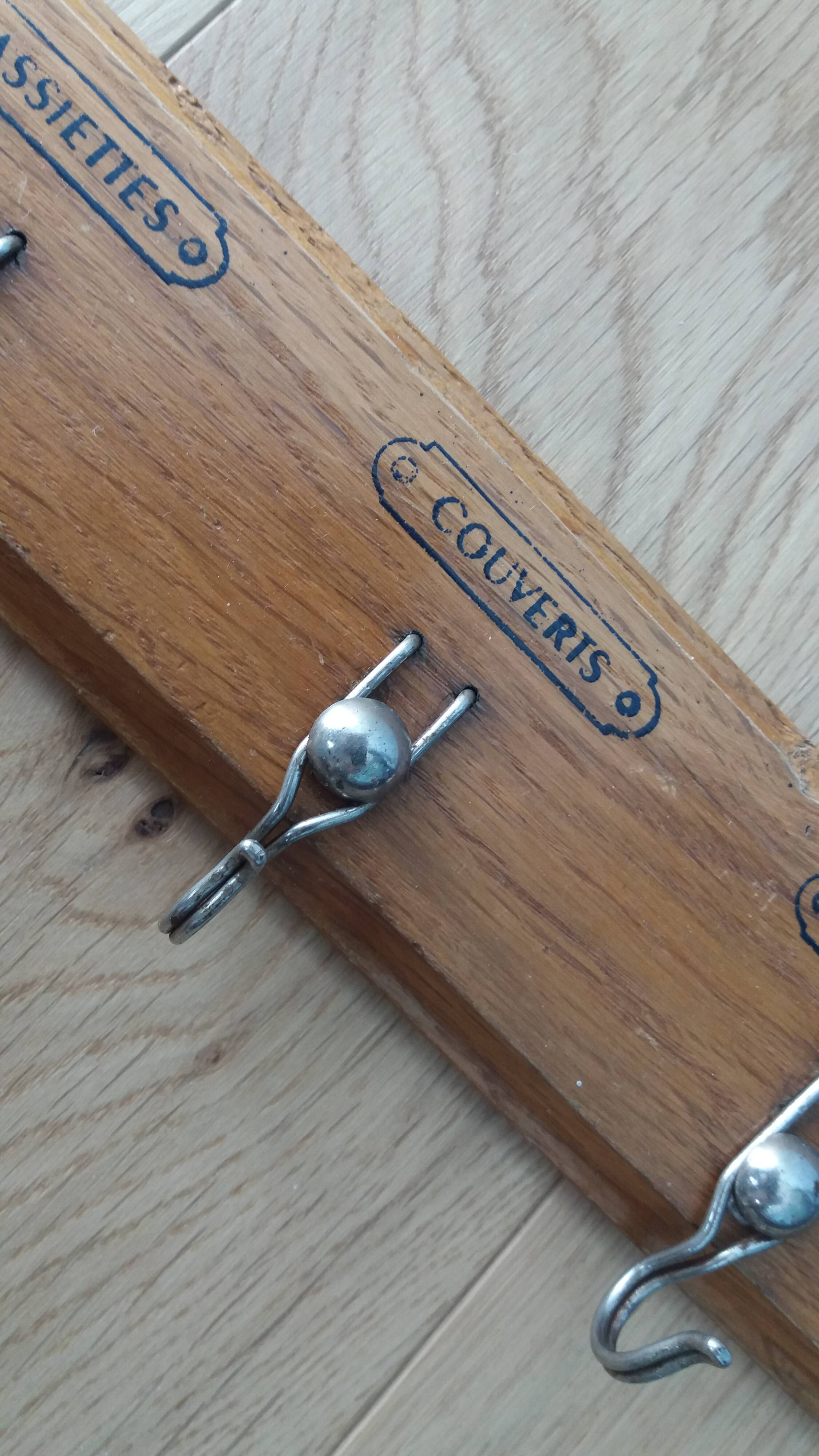 Tea towel holder, wooden and metal towel hook.