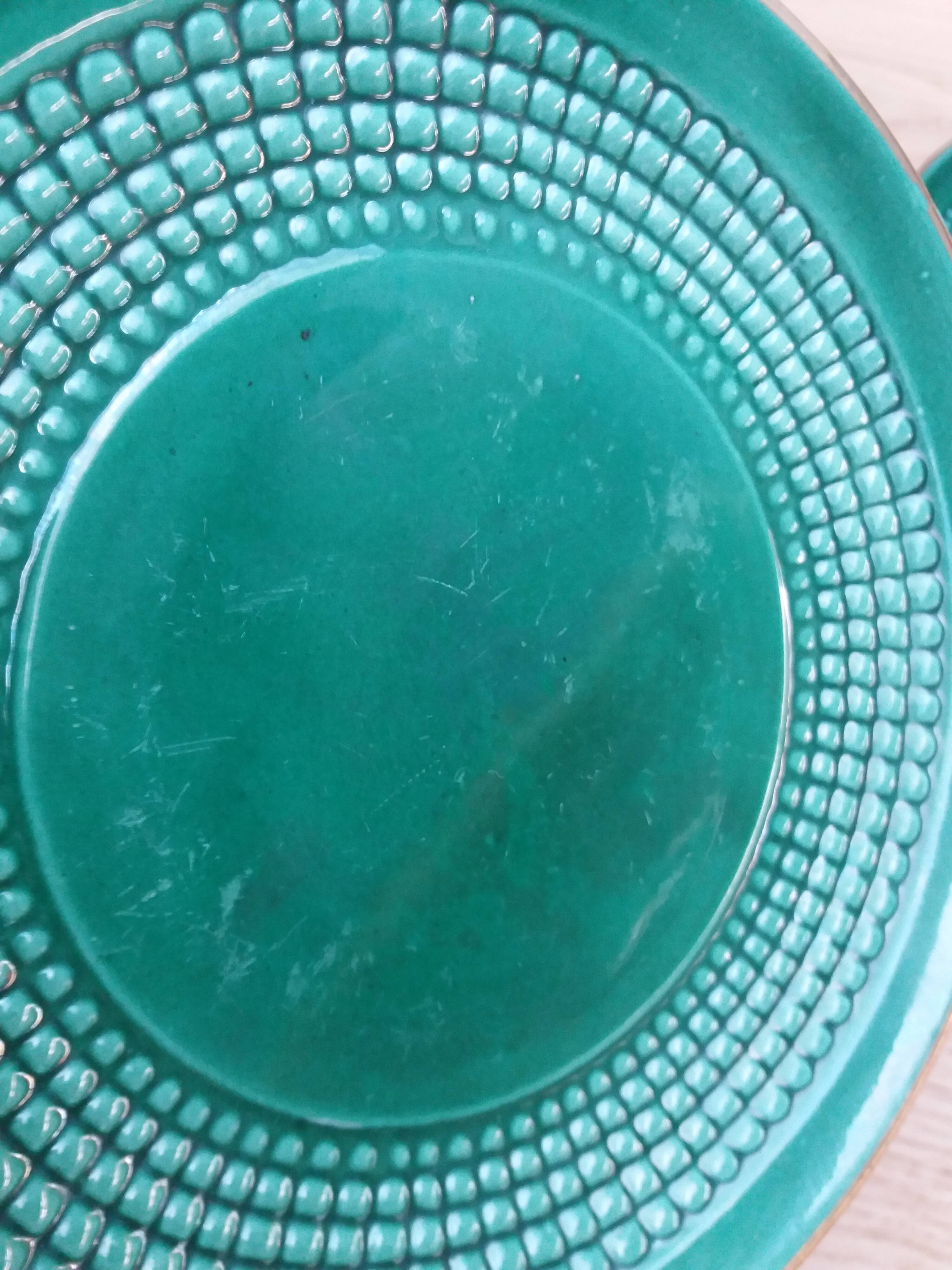 Dessert or cheese set, dish and 4 plates, Saint Clément green and gold