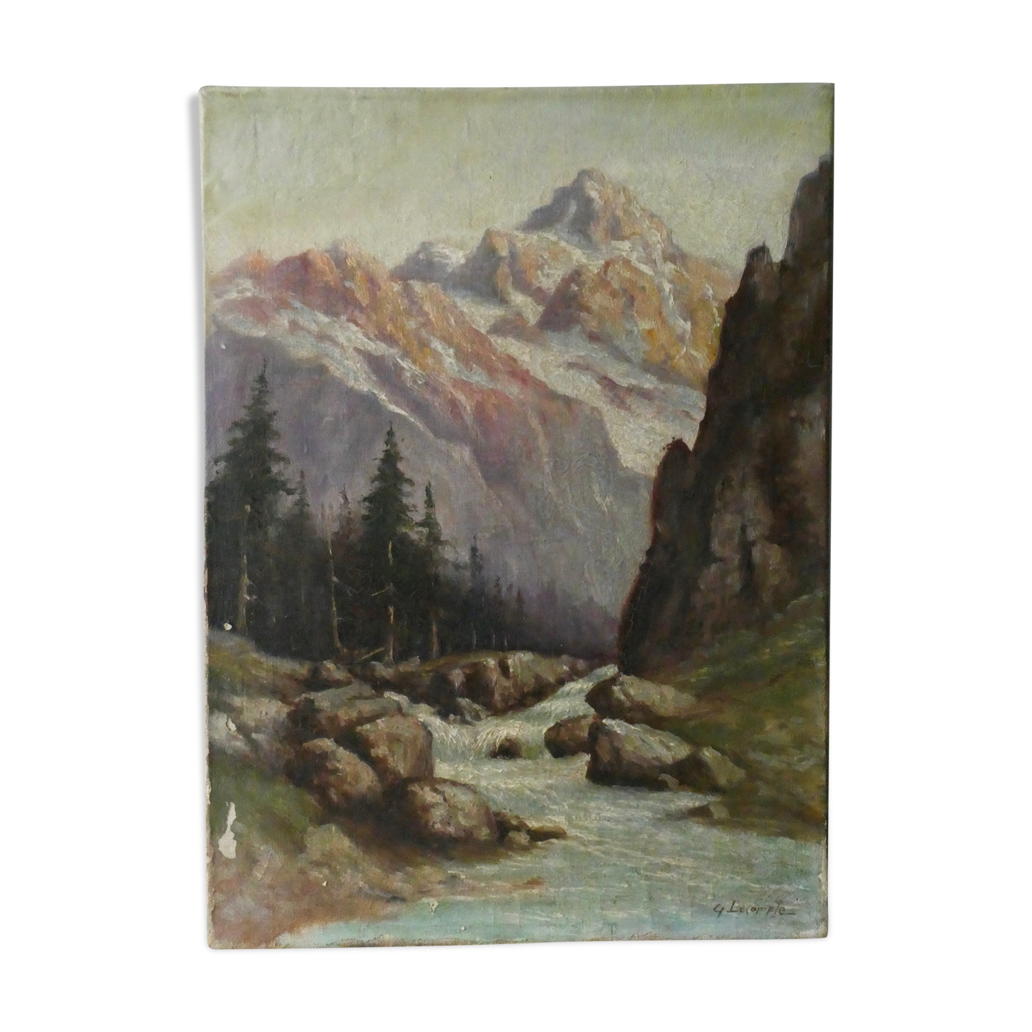 Tableau, huile sur toile paysage de montagne, signé