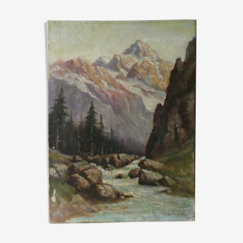 Tableau, huile sur toile paysage de montagne, signé