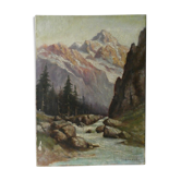 Tableau, huile sur toile paysage de montagne, signé