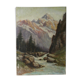 Painting, oil on canvas mountain landscape, signed