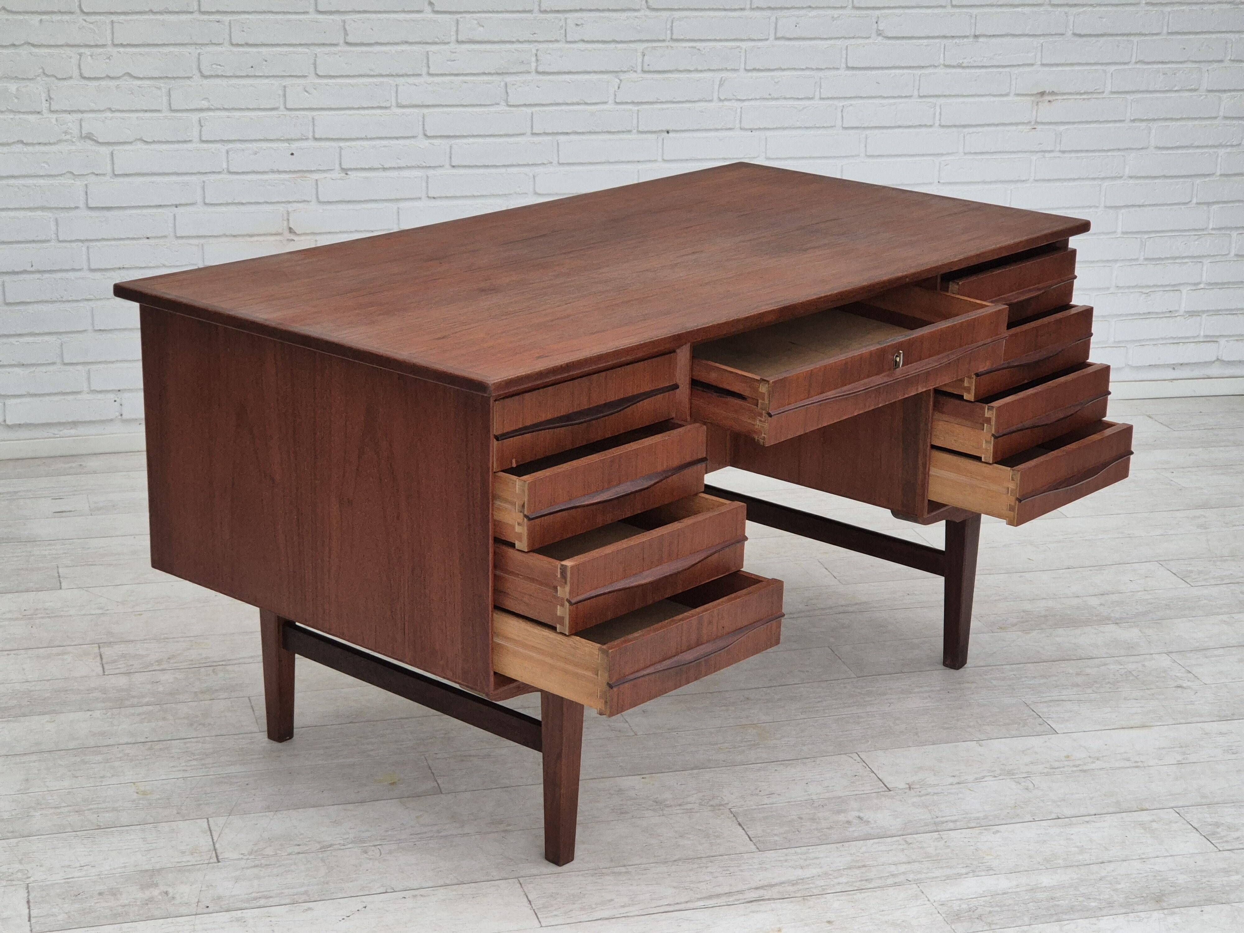 1960s, Danish double-sided, free standing desk, original condition, teak wood, drawers, sliding door
